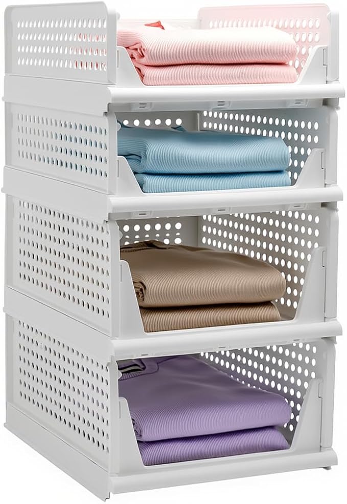 Goderewild Stackable Foldable Storage Baskets, Folding Storage Bins, Closet Organizers and Plastic Drawer Shelf Storage Container for Wardrobe, Cupboard, Kitchen, Bathroom, Office (White, 2L2S)