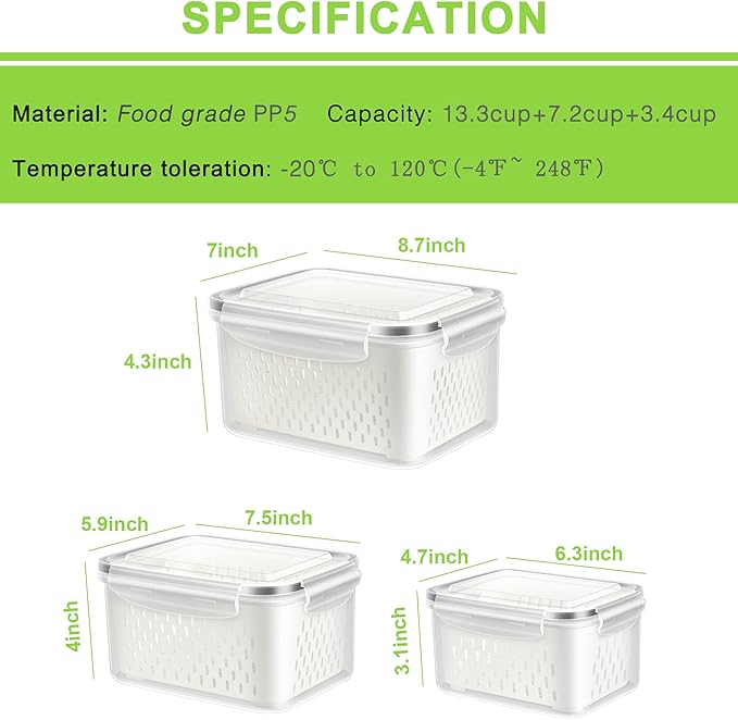 TBMax Fruit Storage Containers for Fridge, 6 Pcs Produce Saver with Colander for Rinsing, Berry Containers Lettuce Keeper Refrigerator Organizers Airtight Food Storage with Lid
