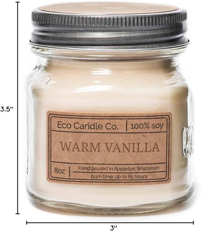 ECO CANDLE CO. Mason Jar Candle, Warm Vanilla, 8 oz. - Scents of Rich Vanilla - 100% Soy Wax, No Lead, Kraft Label & Antiqued Pewter Lid, Hand Poured, Phthalate Free, Made from Midwest Grown Soybeans
