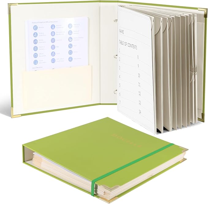 3-Ring Folder Organize Sturdy Hardboard Important Document Organizer with Expanding Pockets for Home, School, Office Use (Green)