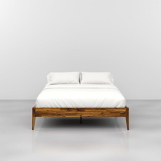 Bme Dinkee Wooden Queen Bed Frame, 15 Inch Height, Elegant Minimalist Modern Design with Japanese Joinery, Durable Wood Slats for Reliable Support, No Box Spring Required, Caramel