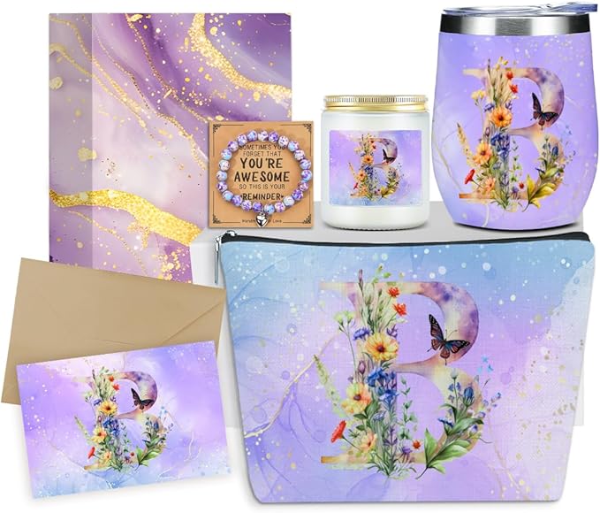 Personalized Gifts Monogrammed Birthday Gifts for Women, Sister Cowerker Mom Boss Day Christmas Appreciation Initial Wine Tumbler Makeup Bag Scented Candle Bracelet Set, (Aesthetic Purple Flower B)