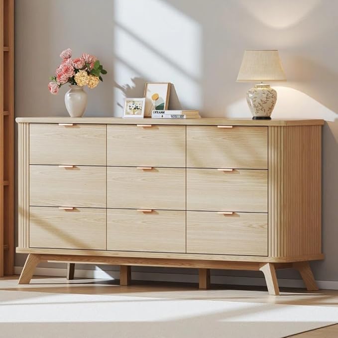 HUAHUU Fluted 9 Drawers Dresser, 60" Mid Century Modern & Chests of Drawers, Curved Profile Design, Dresser TV Stand, for Entryway, Hallway, Bedroom, Oak