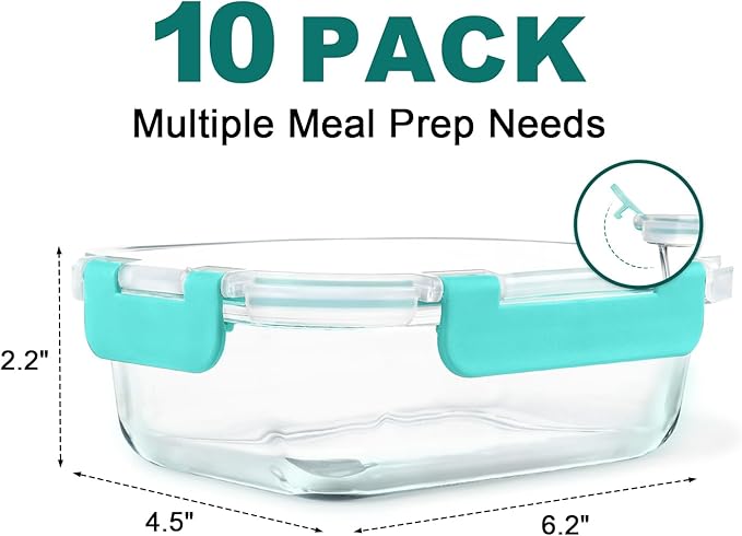 KAMOTA Glass Food Storage Containers, 10 Pack Glass Meal Prep Containers, Airtight Containers with Snap-Lock Lids, 22 oz Green Container Set with Lids, for Microwave/Oven/Freezer/Dishwasher