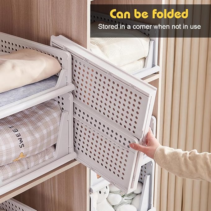 yazi 4XL Stackable Plastic Storage Basket, 4 Packs closet storage bins for clothes sweater organizer for closet Folding closet organizers