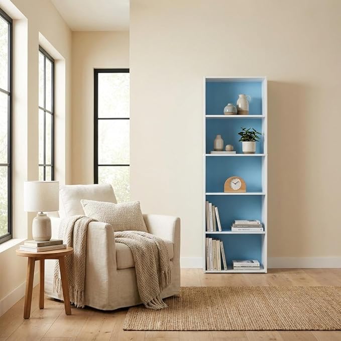 Furnifact White and Light Blue 5-Tier Reversible Open Shelf Bookcase, Durable, Spacious Storage, Versatile for Living Room or Office
