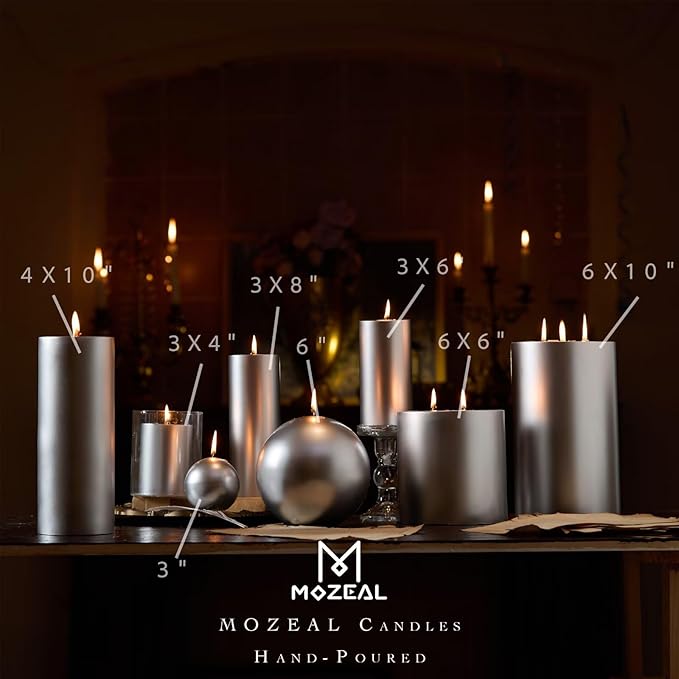 MOZEAL 3" x 4" Hand-Poured Unscented Candle,Dripless Pillar Candle Set of 3,Long Clean Burning,Approx 72 Hours Burn Time,Rustic Country Style,Wedding,Dinner,Christmas and Home Decor,Silver