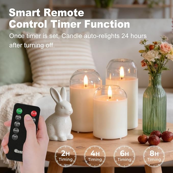 Rechargeable Glass Jar Flameless Candles, Realistic Flickering LED Pillar Real Wax Candle with Remote Control and Timer, Ideal for Living Room, Bedroom & Easter Home Décor, 1 Set of 3