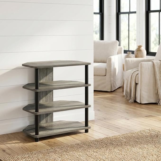 Furnifact French Oak Grey Black Wood TV Stand with Easy Assembly 4-Tier Petite Design, Durable Storage Solution for Living Room, Modern Home Decor