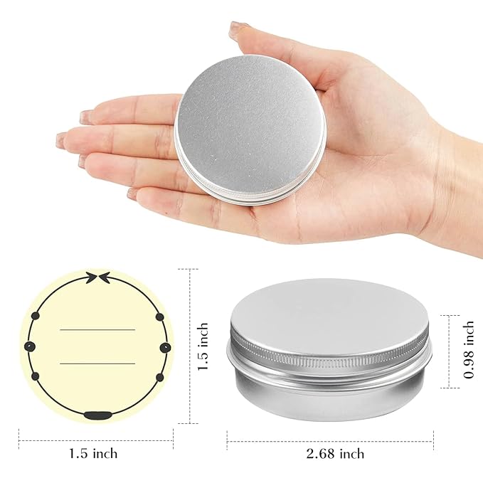 TUZAZO 48Pack 2 Oz Aluminum Tin Cans with Screw Lid and Labels, Refillable Travel Sized Cosmetic Containers Small Tins for Salves, Lotion Bars, Beard Balms, Candles