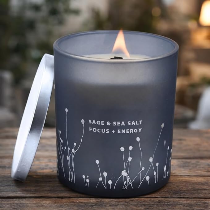 White Sage Sea Salt Wood Wick Soy Scented Candle, 10.6 oz | Sage Candle for Cleansing House | Aromatherapy Energy Cleansing Candle for Home, Meditation, Clean Burning Long Lasting