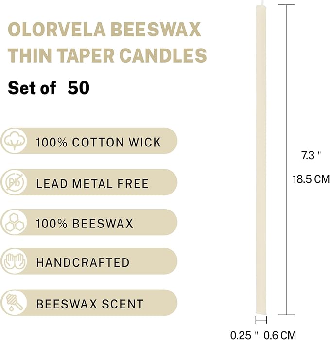 Pure Beeswax Candles, 7.3" Decorative Thin Taper Candles,Honey Scented, Dripless, Smokeless, 40min Burn Time for Birthday, Dinner, Prayer, Church, Hanukkah, Christmas (White, 50 pcs)