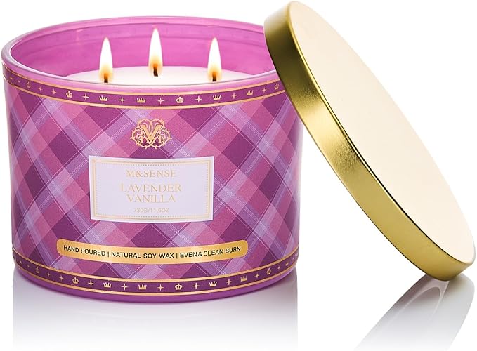 M&SENSE Plaid Pattern 3 Wick Soy Candles,11.64 oz Large Lavender Vanilla Scent Candle for Relaxation, Gifting, Home Décor | for Bedroom, Office, Party