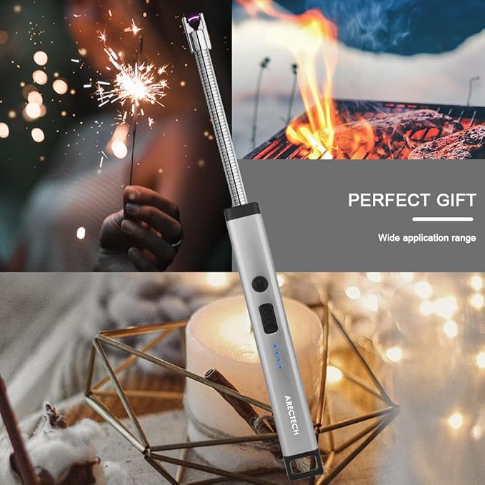 ARECTECH Candle Electric Lighter Rechargeable USB Arc Lighters for Candle Camping Fireworks Christmas Birthday Gifts with LED Light for Men Women Silver