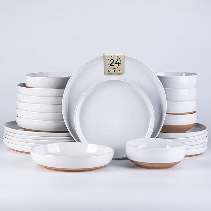 AmorArc Ceramic Dinnerware Sets with Pasta Bowls for 6, Handpainted Plates and Bowls Set with Rustic Terracotta Underside, Scratch Resistant Dishes Set, Dishwasher & Microwave Safe, 24 Pcs