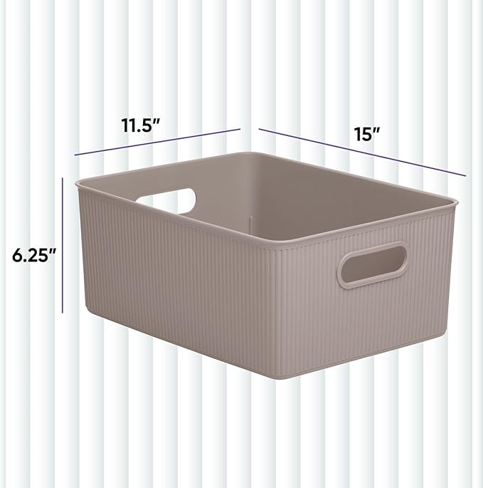 Superio Decorative Plastic Basket Open Home Storage Bins Organizer Baskets, Large Taupe (8 Pack) Container Boxes for Organizing Closet Storage Bins for Shelves Drawer Shelf, 15 Liter
