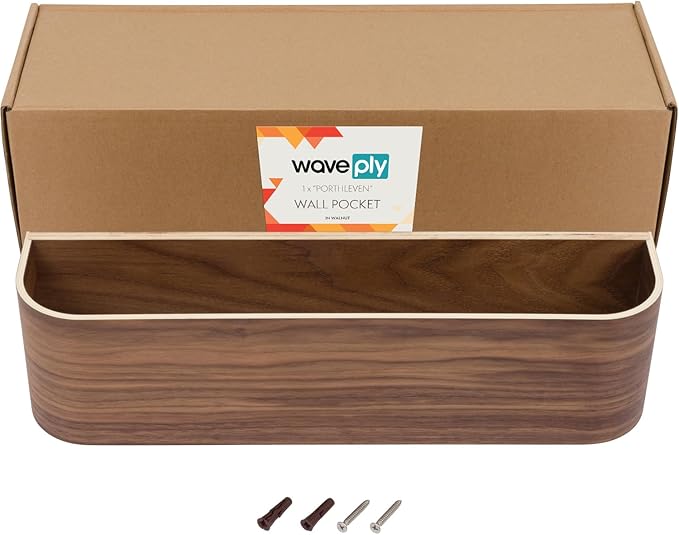 Wooden Wall Mounted Display Caddy, Floating Shelf Organizer Rack, Wood Wall Pocket, Storage Basket Bin 17.7” Wide (Walnut)