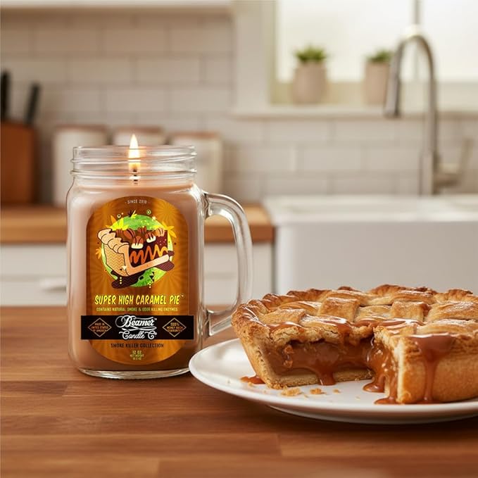 Super High Caramel Pie Candle – Odor Eliminating, Strong Scent – Sweet Caramel Pie – Long Lasting 90 Hour Burn – Large 12oz Mason Jar – Made in USA – Beamer Candle Co.