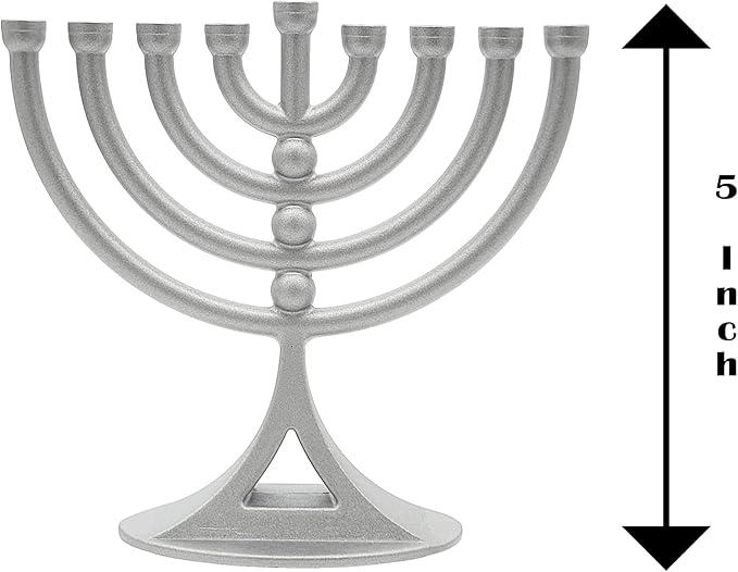 Hanukkah Silver Matte Mini Menorah with Candles Classic 5 Inch Great for Travel, Hanukkah Decor Centerpiece