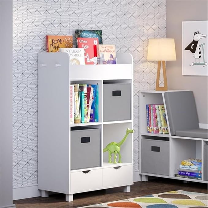 RiverRidge Home Bookshelf for Kids Toy Storage Cabinet with Cubbies Book Nook Area- 4 Cubbies, 2-Slot Bookrack, 2 Drawers & Hooks for Kids Toys, Games & Book Storage Fits RiverRidge Folding Cubby Bins
