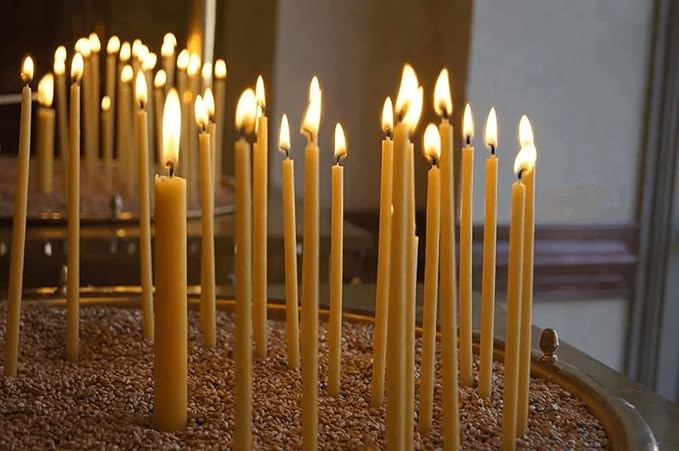 Pure Beeswax Candles, 6.3" Decorative Thin Taper Candles,Honey Scented, Dripless, Smokeless, 30min Burn Time for Birthday, Dinner, Prayer, Church, Hanukkah, Christmas (Yellow, 50 pcs)