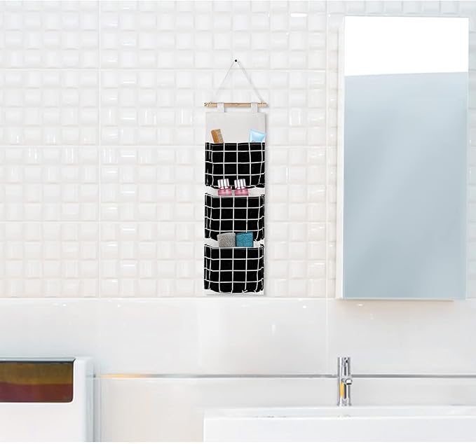 FuninCrea Wall Hanging Bag, Linen Fabric Hanging Organizer, Waterproof Storage Bag with 3 Pockets, Wall Organizer for Living Room, Bedroom, and Bathroom (Black)