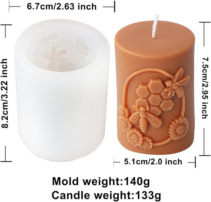 Bee Honeycomb Flower Cylinder Candle Mold, Honeybee Beehive Pillar Silicone Mold for Beeswax Candle, Soy Wax Candle, Plaster Ornament, DIY Crafts (D)