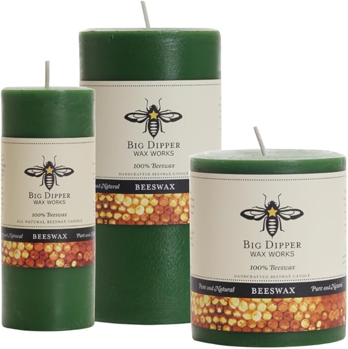 Big Dipper Wax Works Moss Green Pillar Candle, 40-Hour Long Burn, Pure Beeswax Candle, 2" x 4.75”