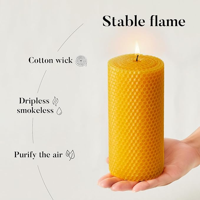 Beeswax Pillar Candles, 3x6 Inch -Set of 3 Hand-Rolled Honeycomb Candle - Long Burning 270+ Hours, Dripless Smokeless Unscented Handmade Beeswax for Home Decor, Prayer, Wedding,SPA