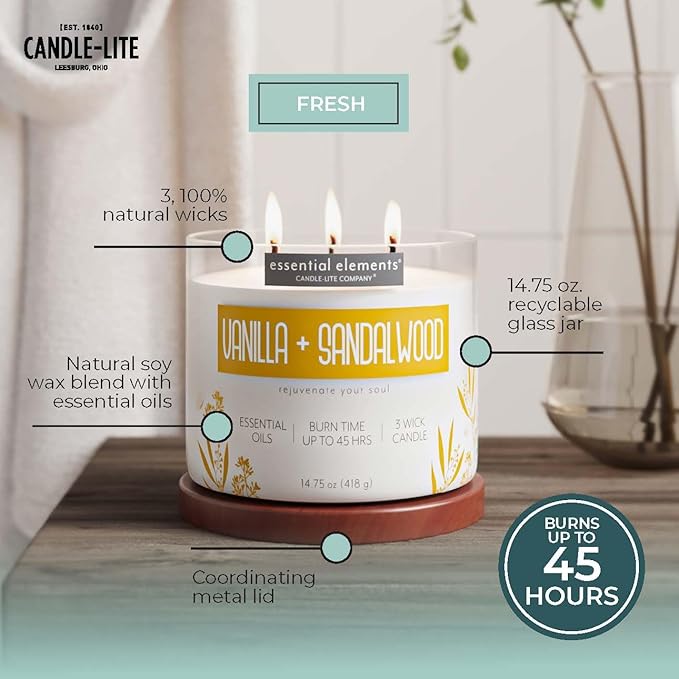 Essential Elements by Candle-lite Scented Candles, Vanilla & Sandalwood Fragrance, One 14.75 oz. Three-Wick Aromatherapy Candle with 45 Hours of Burn Time, Off-White Color