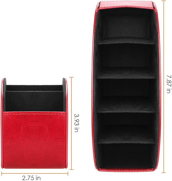 SITHON Remote Control Holder with 5 Compartments - PU Leather Remote Caddy Desktop Organizer Store TV, DVD, Blu-Ray, Media Player, Heater Controllers, Red