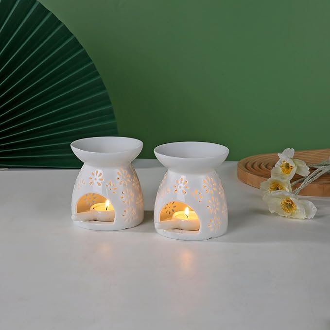 Ceramic Tea Light Candle Holder Set of 2, Essential Oil Burner Wax Melt Burner, Incense Aroma Diffuser, Home Decor