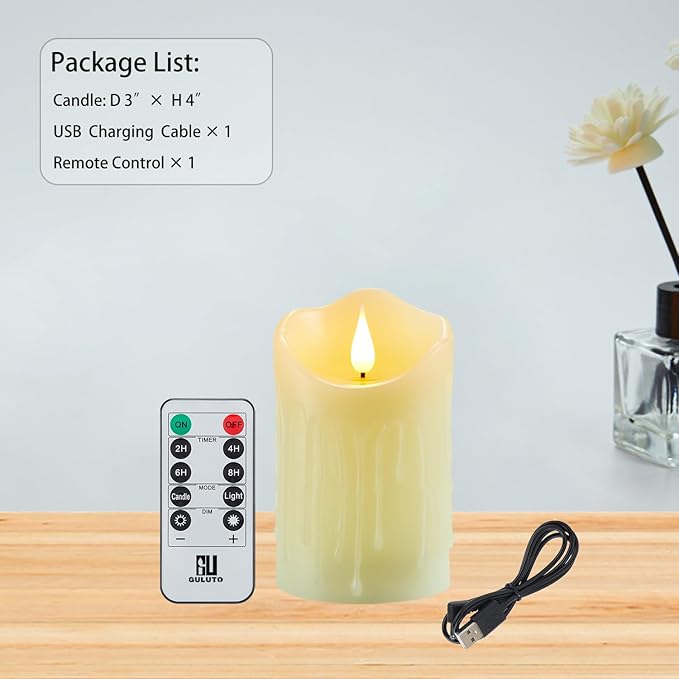 Flameless Candles with Rechargeable Battery, Flickering Candles with Remote and Timer, led Pillar Candles Real Wax Wick, Led Candles for Home, Wedding, Halloween, Christmas, Party 3" x 4"