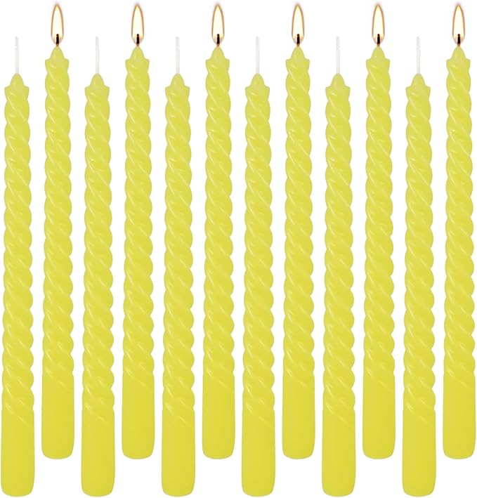 12-Piece Yellow Spiral Wax 10-inch Taper Candles -unscented smokeless, Tear-Free, Long-Lasting Burning Cotton Wick Suitable for Home,Party,Holiday Decorations