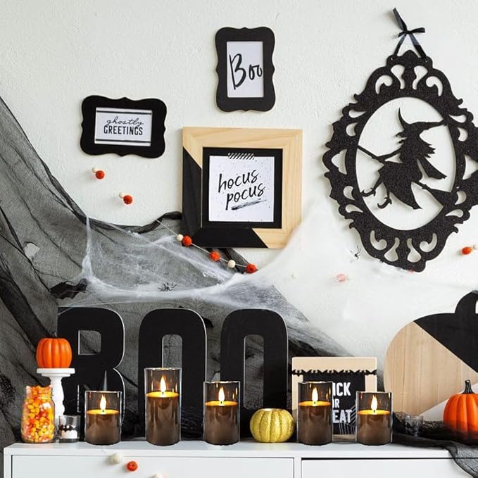 NICEME Gray Flickering Flameless Candles, Battery Operated Acrylic LED Pillar Candles with Remote Control and Timer Flameless Halloween Candles for Christmas New Year Home Decor, Set of 5