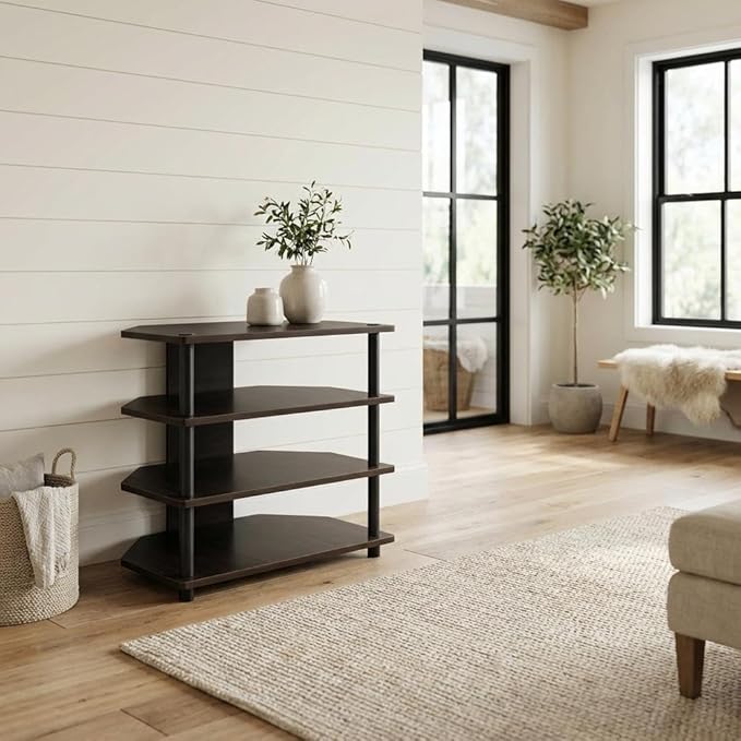 Furnifact Espresso Easy Assembly 4-Tier Petite TV Stand, Durable Composite Wood Construction, Space-Saving Design, Modern Style for Living Room