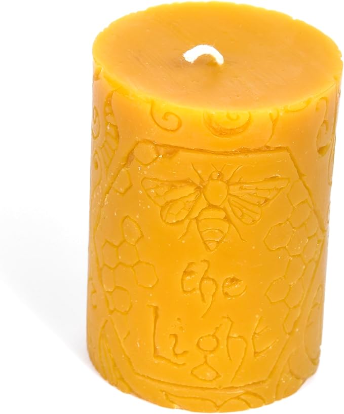 BeeTheLight Beeswax Pillar Candle - 100% Pure Bees Wax - Choose Your Size and Color - Up to 54 Hour Burn Time - Fits 3x4 Holder - Unscented - Natural Honey Scent (BeeTheLight Logo (Yellow), Medium)