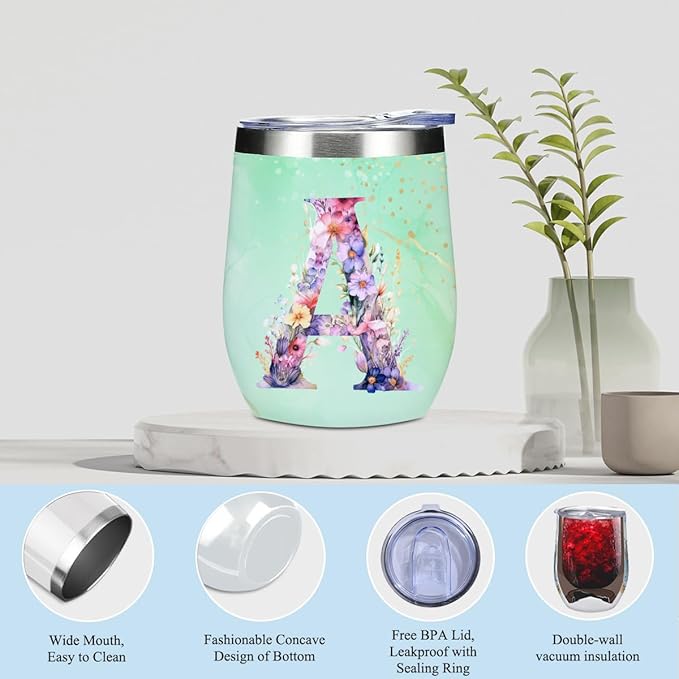 Personalized Gifts Monogrammed Birthday Gifts for Women, Bridesmaid Bachelorette Party Wedding Christmas Initial Wine Tumbler Makeup Bag Scented Candle Bracelet Set, (Aesthetic Green Flower A)