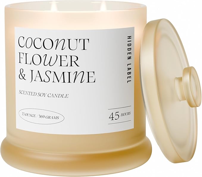 Hidden Label Coconut Flower & Jasmine Scented Candle | 2 Wick Large Candles for Home Scented 13oz 75Hour Long Lasting Slow Burning | Aromatherapy Candle for Home Decor, Stress Relief & Relaxation