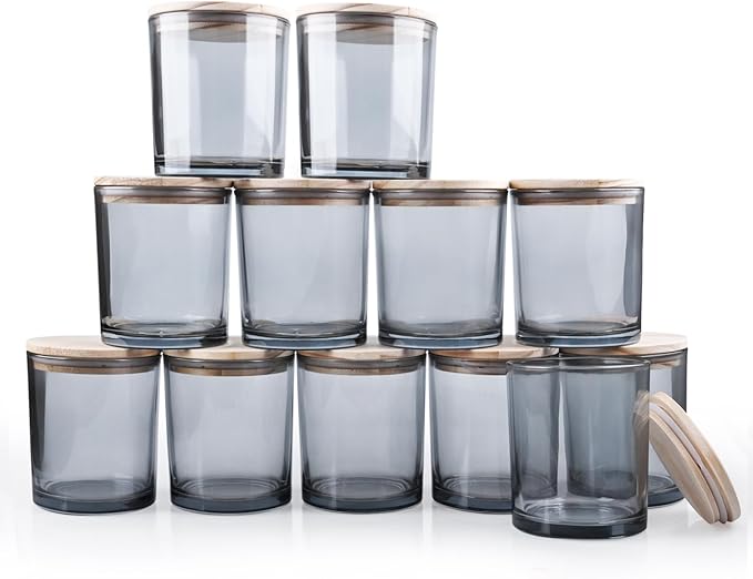 SHOWIN 14 OZ Thick Candle Jars for Making Candles 12 Pcs, 3 Wick Empty Jars with Wood Lids for Candle Making, Sample Container,Clear Grey