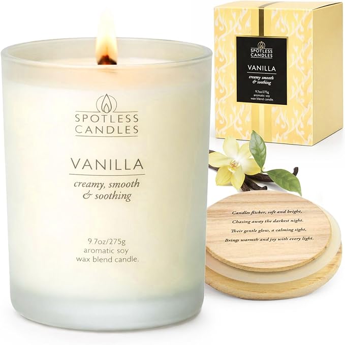 Vanilla Candle 9.7 oz: 55 Hrs Burn Time - Vanilla Scented Candles in Frosted Glass Jar with Wooden Crackling Wick in a Luxurious Gold Foil Lined Gift Box