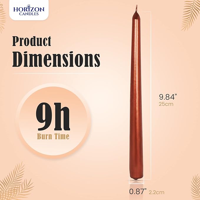 Horizon Unscented 10-Piece Taper Candle Set – 9 Hours Burning Time Smokeless & Dripless Candles for Centerpieces at Wedding, Holiday Dinners, Festive Parties and Home Decor - Metallic Copper