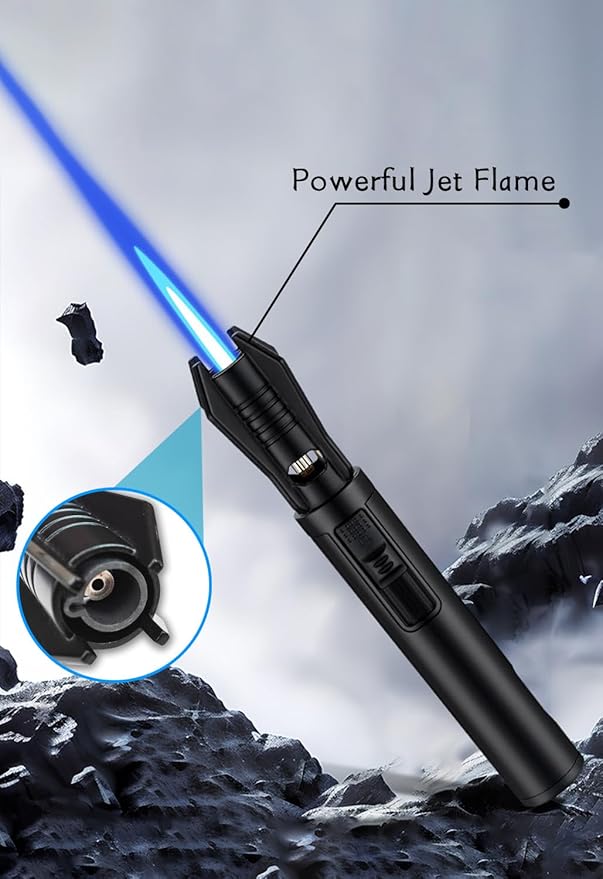 Torch Lighter - Windproof Jet Flame Refillable Butane Lighter with Adjustable Flame, Lightsaber Design, Visible Window, for Kitchen, Outdoor(Gas Not Include) (Black & White)