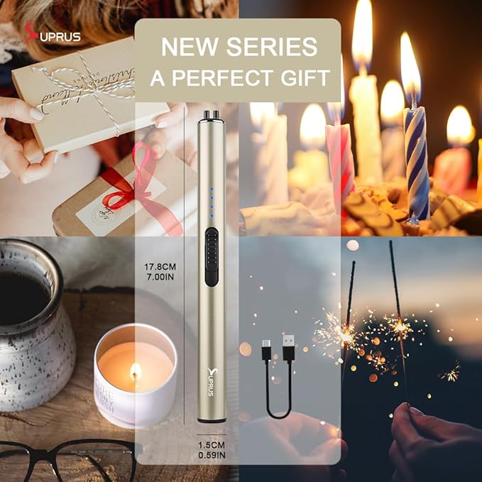 SUPRUS Electric Arc Windproof Flameless USB Rechargeable Lighter with Safety Lock for Candle (Champagne Gold, 3 Packs)