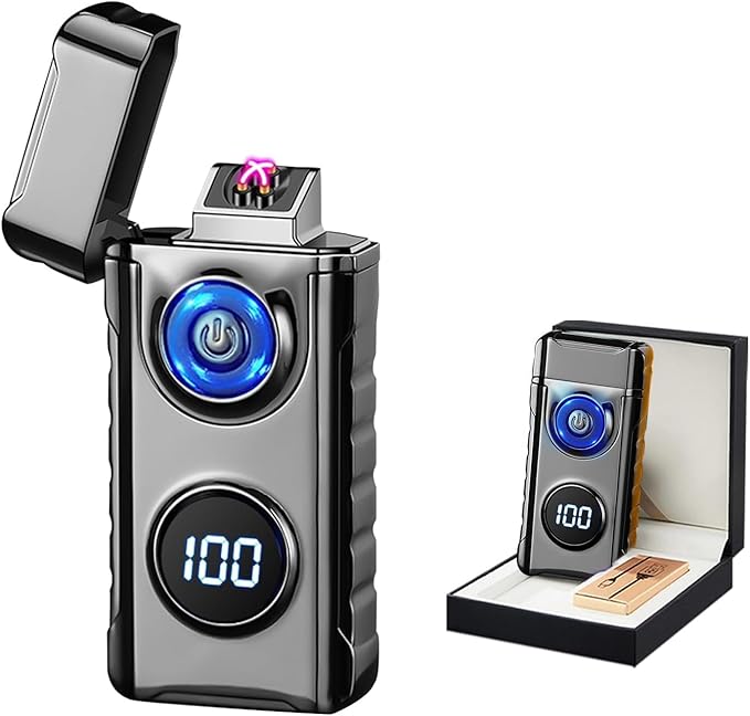 Electric Lighters Plasma Lighters Rechargeable with with LED LED Display and LED Emergency Lights Windproof USB Rechargeable Lighter Cool Lighte for Candle,Camping,Gift(Black)