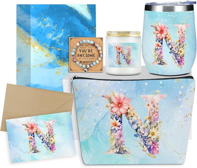 Personalized Gifts Monogrammed Birthday Gifts for Women, Colleague, Leader Mentor Female Farewell Christmas, Initial Wine Tumbler Makeup Bag Scented Candle Bracelet Set, (Aesthetic Blue Flower N)