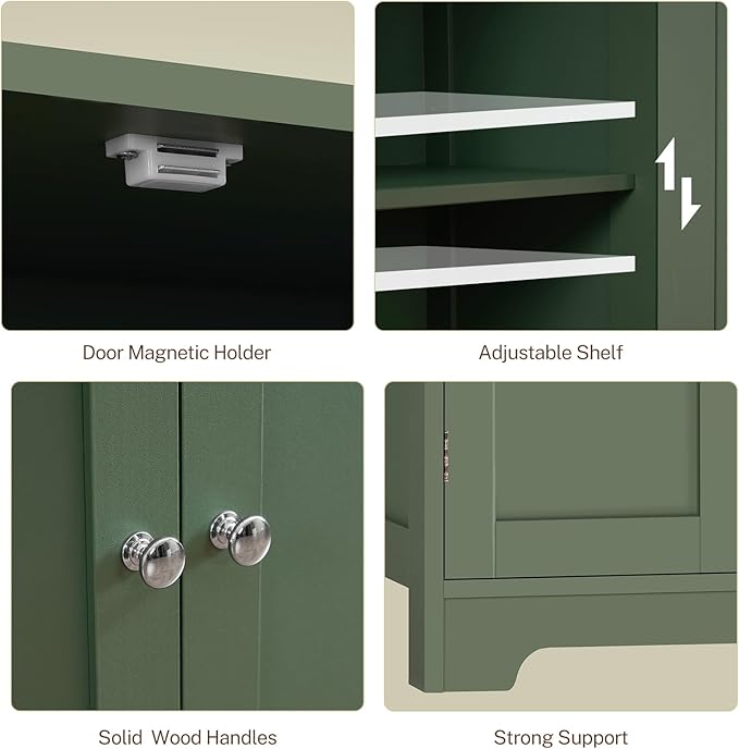TEENFON Bathroom Cabinet, Narrow Bathroom Storage Cabinet with 5 Adjustable Shelves & Drawer, Freestanding Cupboard for Small Spaces, Green