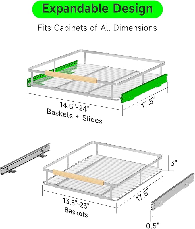 Expandable Pull Out Drawers for Cabinets, Kitchen Cabinet Slide Out Shelves, Adjustable Roll Out Drawers, Stainless Steel, Medium 1 Pack, (14.5"-24") Width x 17.5" Depth