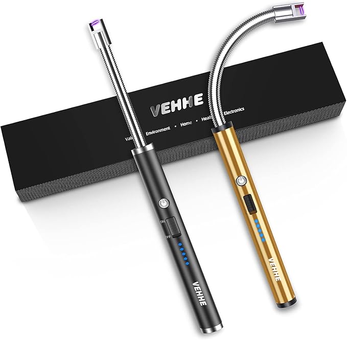 VEHHE Candle Lighter, 2 Pack Rechargeable Electric Lighter with LED Battery Display Safety Switch, Flexible Neck USB Lighters for Candles Camping Grill Gas Stoves Cooking (Black and Gold)