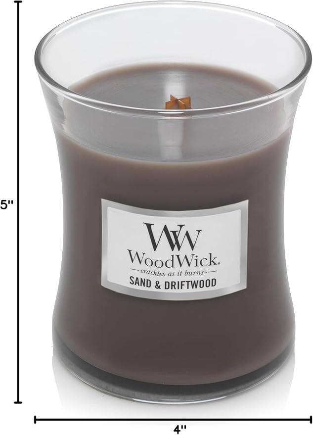 WoodWick Sand & Driftwood Gifts for Women and Men, 9.7 oz Medium Hourglass Candle with Crackling Wick